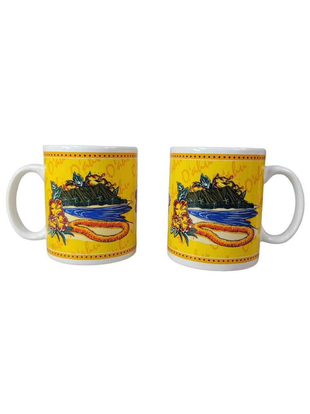 Hilo Hattie Hawaii Mug x2 10oz Yellow Hibiscus Lei Diamond Head Waikiki VTG 2002